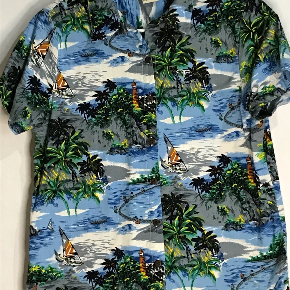 Op Hawaiian Men’s Boy’s Shirt Sz Small Island Lighthouse Palm Trees Blue Cruise
